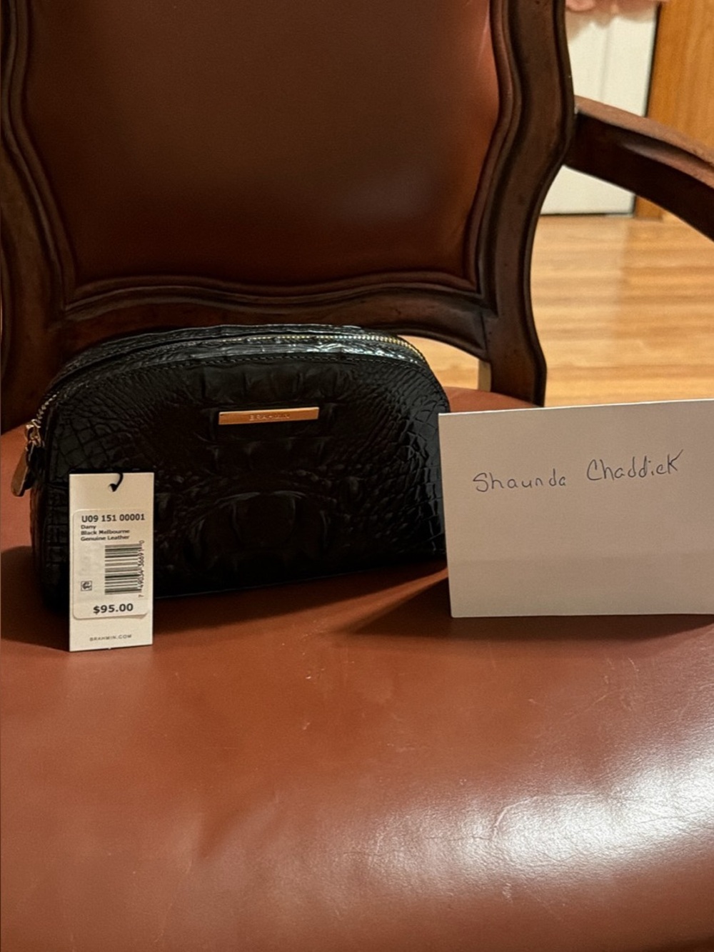 Brahmin Black Croc-Embossed Cosmetic Pouch with Gold Plaque